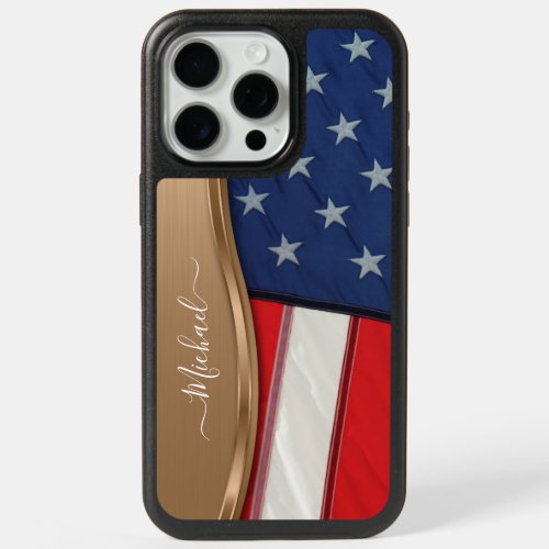 Personalize USA Flag Faux Bronze Metal Swirl iPhone 15 Pro Max Case