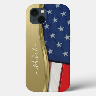 Personalize USA Flag Faux Gold Metal Swirl iPhone 13 Case