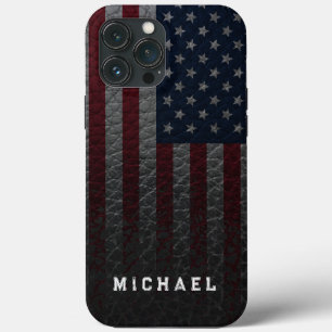 Personalize USA Flag Faux Leather Background iPhone 13 Pro Max Case