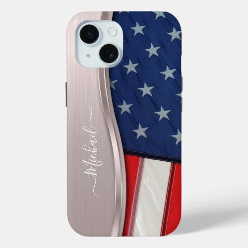 Personalize USA Flag Faux Rose Gold Metal Swirl iPhone 15 Case