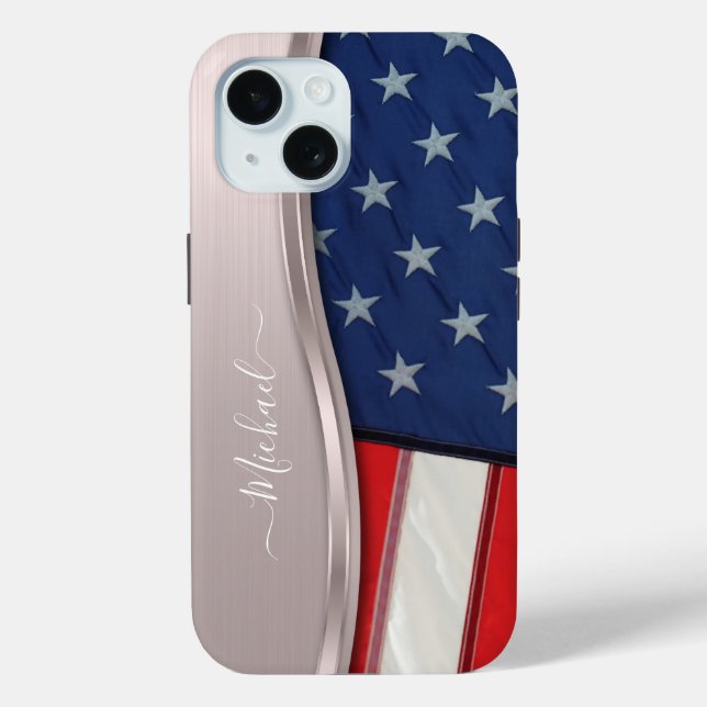 Personalize USA Flag Faux Rose Gold Metal Swirl Case-Mate iPhone Case (Back)