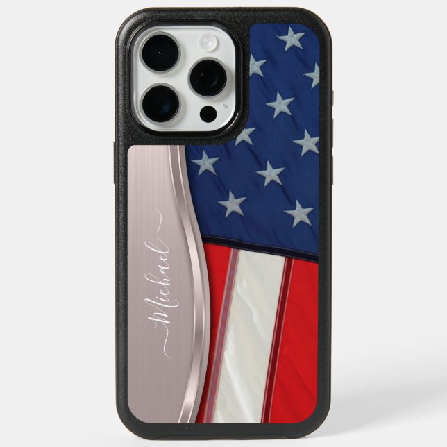 Personalize USA Flag Faux Rose Gold Metal Swirl iPhone 15 Pro Max Case (Back)