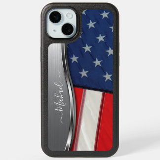 Personalize USA Flag Faux Silver Metal Swirl iPhone 15 Plus Case