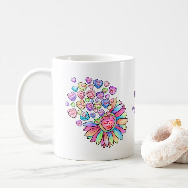 Personalize Valentine's Day Candy Hearts Gift Coffee Mug (With Donut)