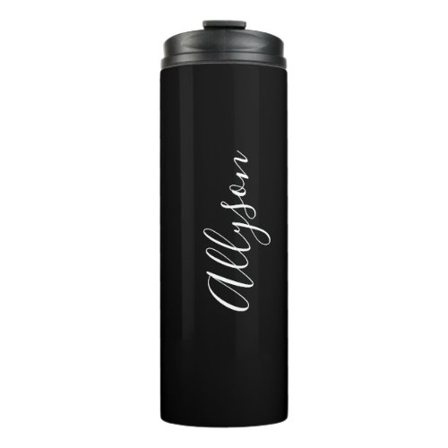 Personalize Vertical Name in White Script on Black Thermal Tumbler