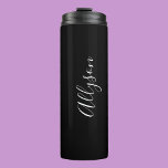 Personalize Vertical Name in White Script on Black Thermal Tumbler<br><div class="desc">Personalize vertical name in white script text on black background.</div>