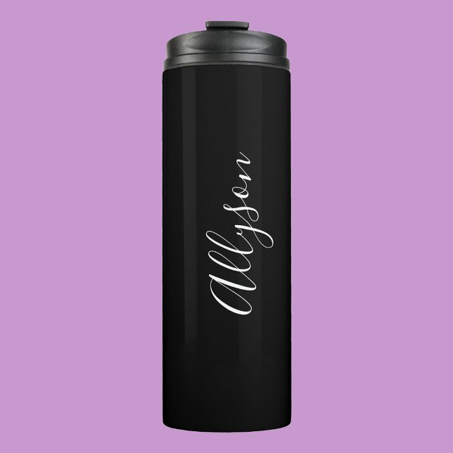 Personalize Vertical Name in White Script on Black Thermal Tumbler (Creator Uploaded)