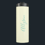 Personalize Vertical Name, Teal Script Text, Ivory Thermal Tumbler<br><div class="desc">Personalize your Name In Teal Script Text and vertical on ivory background.</div>