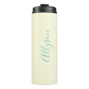 Personalize Vertical Name, Teal Script Text, Ivory Thermal Tumbler
