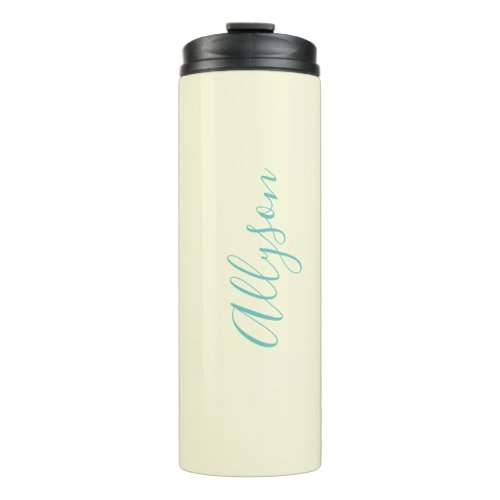 Personalize Vertical Name Teal Script Text Ivory Thermal Tumbler