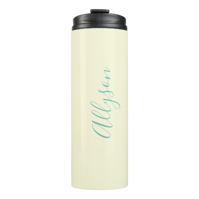 Personalize Vertical Name, Teal Script Text, Ivory Thermal Tumbler (Front)