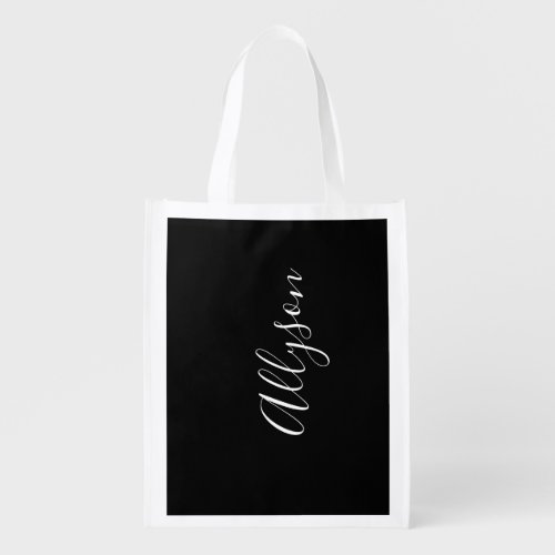 Personalize Vertical Name White Script Black Grocery Bag