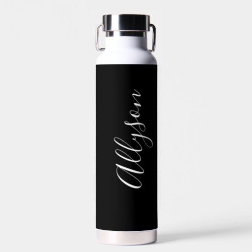 Personalize Vertical Name White Script Black Water Bottle