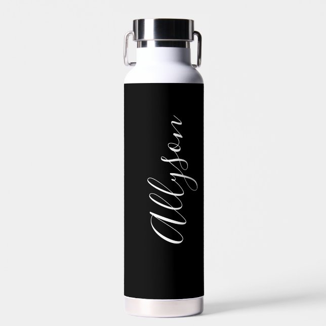 Personalize Vertical Name, White Script, Black Water Bottle (Front)