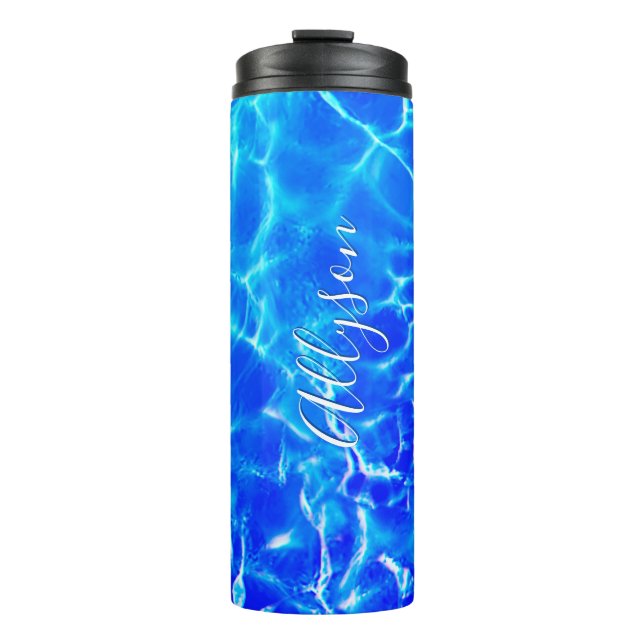 Personalize Vertical Name White Script, Blue Water Thermal Tumbler (Front)