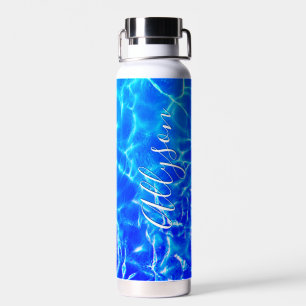 Personalize Vertical Name White Script, Blue Water Water Bottle
