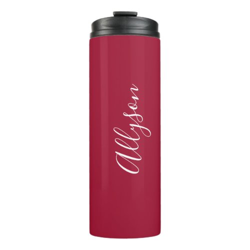 Personalize Vertical Name White Script Deep Red Thermal Tumbler
