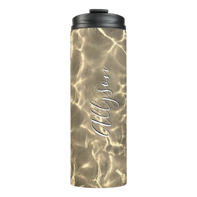 Personalize Vertical Name White Script, Gold Water Thermal Tumbler (Front)