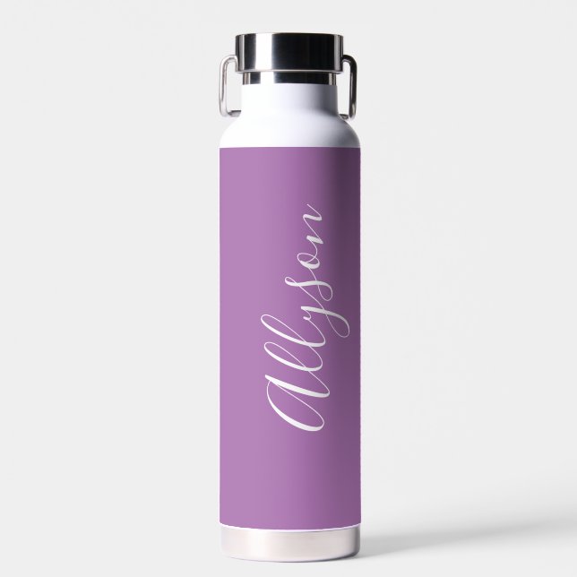 Personalize Vertical Name, White Script, Lavender Water Bottle (Front)