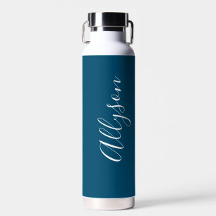 Personalize Vertical Name White Script, Ocean Blue Water Bottle