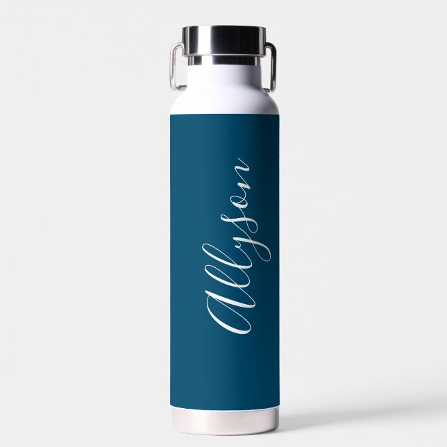 Personalize Vertical Name White Script, Ocean Blue Water Bottle (Front)