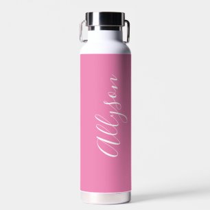 Personalize Vertical Name, White Script, Pink Water Bottle