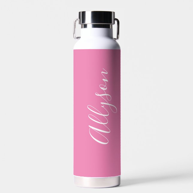 Personalize Vertical Name, White Script, Pink Water Bottle (Front)