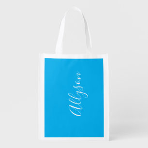 Personalize Vertical Name White Script, Sky Blue Grocery Bag