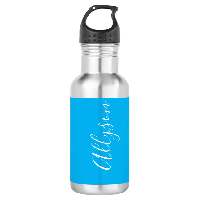 Personalize Vertical Name, White Script, Sky Blue Stainless Steel Water Bottle (Front)