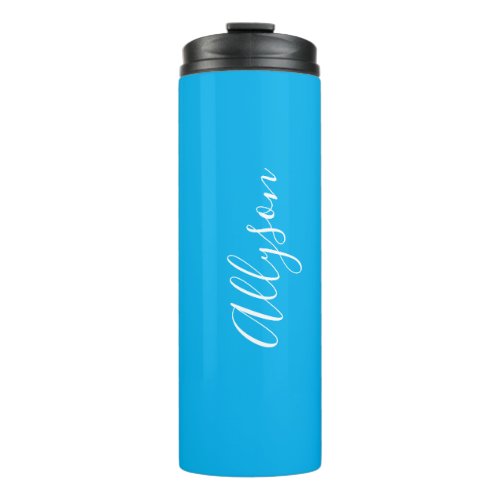 Personalize Vertical Name White Script Sky Blue Thermal Tumbler