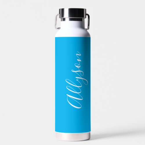 Personalize Vertical Name White Script Sky Blue Water Bottle
