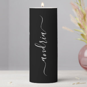 Personalize Vertical White Script Name on Black Pillar Candle