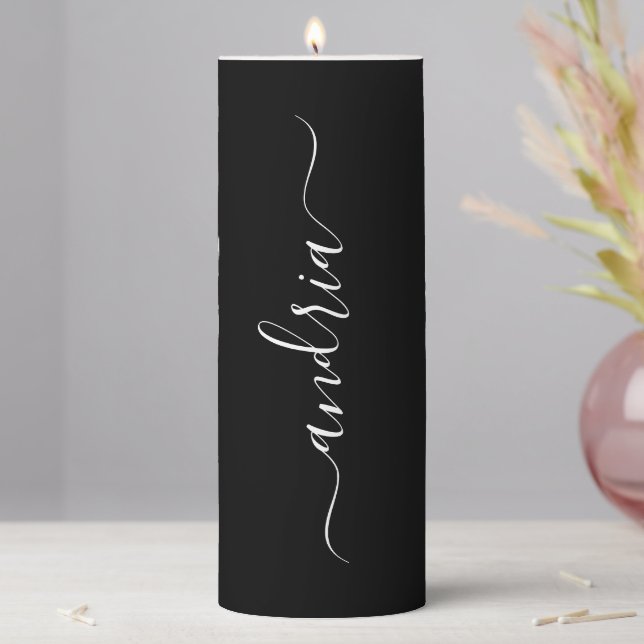Personalize Vertical White Script Name on Black Pillar Candle (In Situ)
