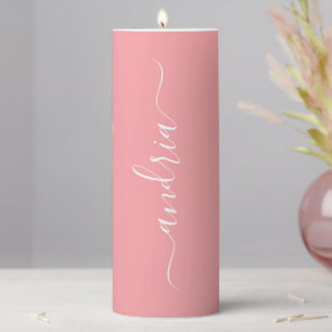 Personalize Vertical White Script Name, Peach Pillar Candle