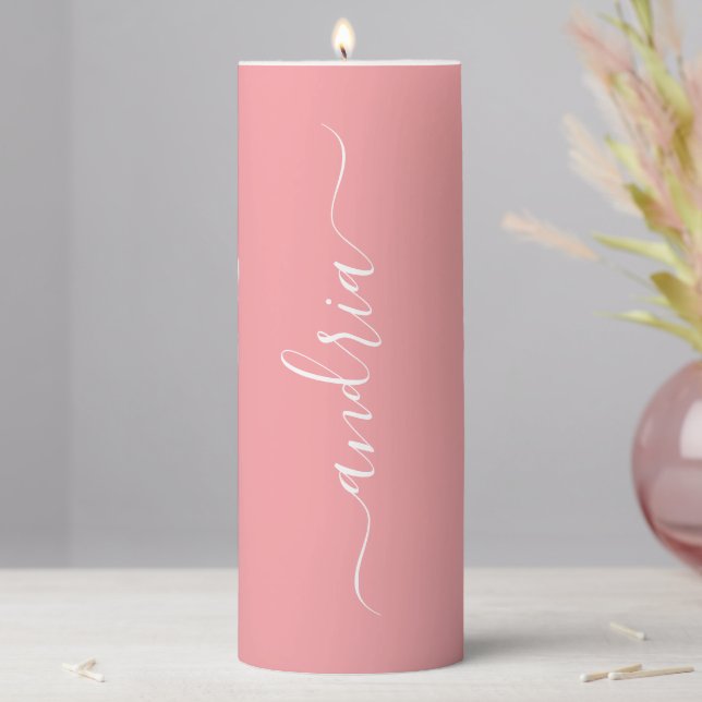 Personalize Vertical White Script Name, Peach Pillar Candle (In Situ)