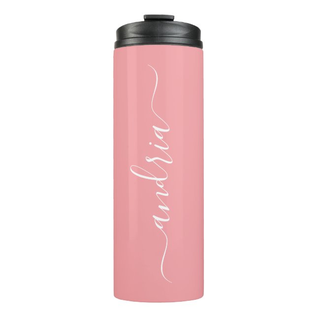 Personalize Vertical White Script Name, Peach Thermal Tumbler (Front)