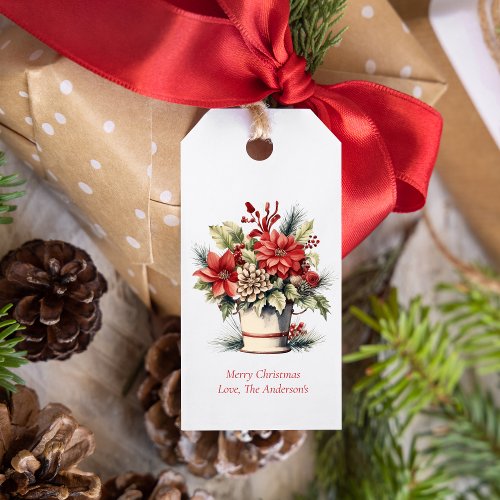 Personalize Vintage Christmas Poinsettia Greenery Gift Tags