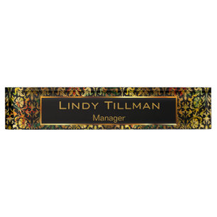 Personalize, Vintage Floral Colors & Black Damask Desk Name Plate