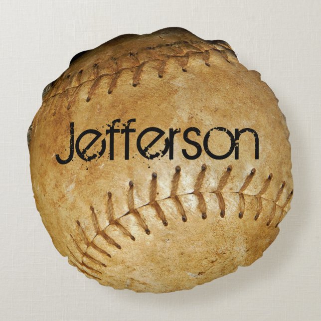 Personalize Vintage White Baseball White stitching Round Pillow (Back)