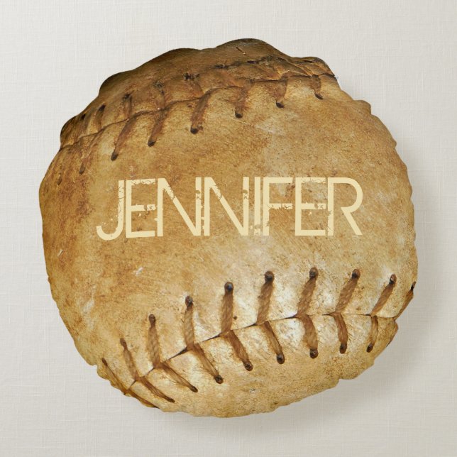 Personalize Vintage White Softball White stitching Round Pillow (Back)