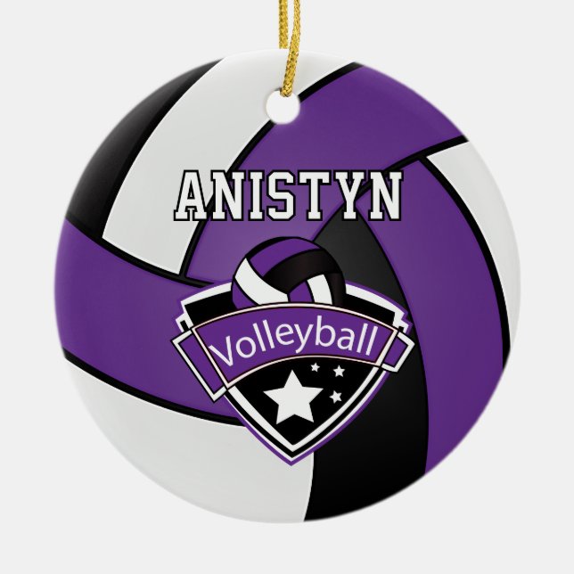 Personalize Volleyball in Purple, White and Black Ceramic Ornament (Front)