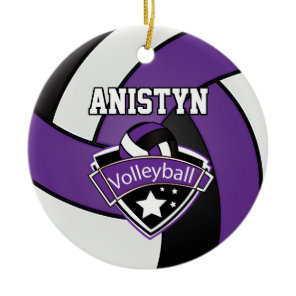 Personalize Volleyball in Purple, White and Black Ceramic Ornament