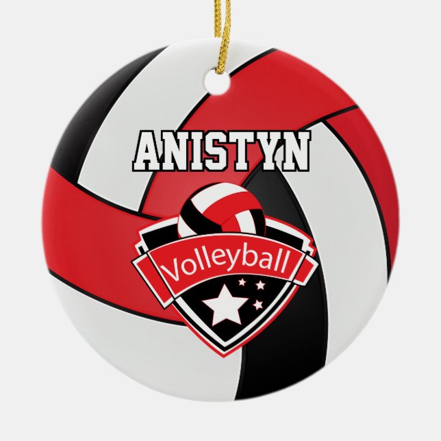 Personalize Volleyball in Red, White and Black Ceramic Ornament (Front)