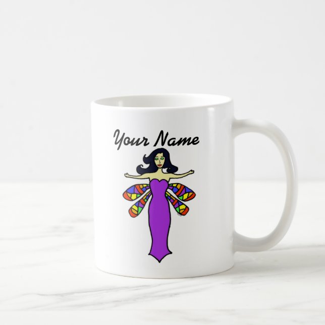 Personalize W/Any Name Black Hair Dragonfly Fairy Coffee Mug (Right)