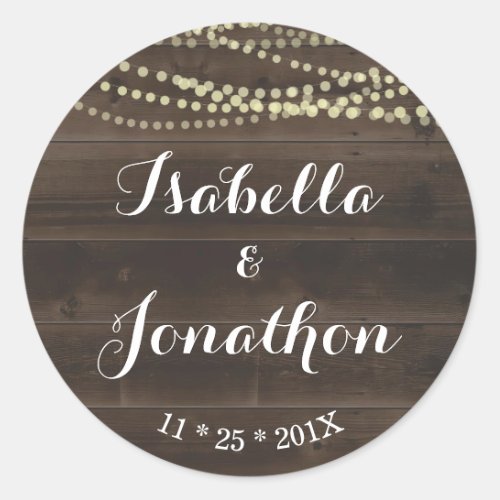 Personalize w Couple's Names - Rustic Wedding Seal - A rustic dark wood background with string lights complemented by beautiful calligraphy.