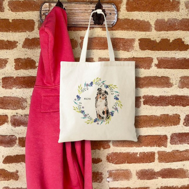 Personalize Watercolor Australian Shepherd Tote Bag (Cute watercolor dog in floral wreath)