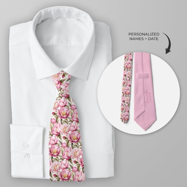 Personalize Watercolor Blush Pink Peony Neck Tie (Personalized Peony wedding themed necktie)
