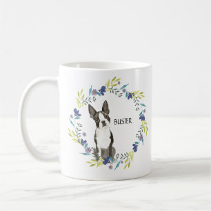 Personalize Watercolor Boston Terrier Blue Wreath Coffee Mug