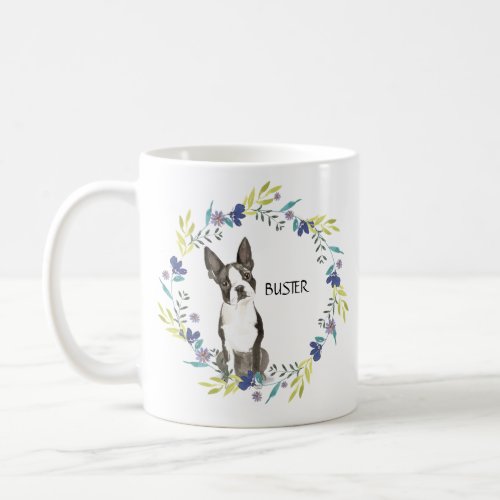 Personalize Watercolor Boston Terrier Blue Wreath Coffee Mug