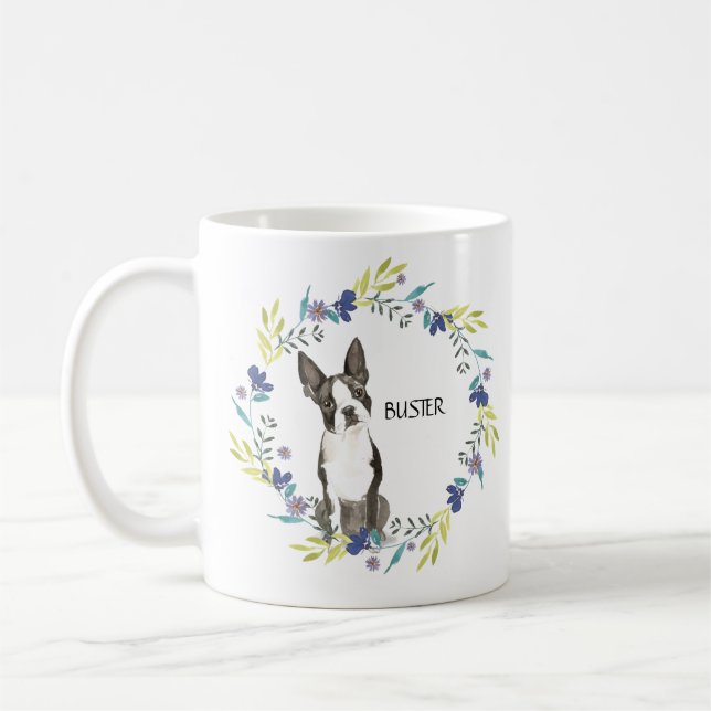 Personalize Watercolor Boston Terrier Blue Wreath Coffee Mug (Left)